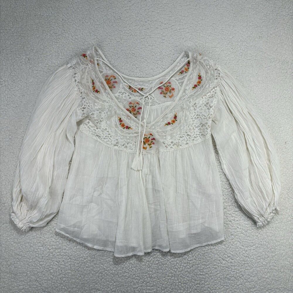 Free People Secret Garden Cotton Embroidered Lace Top Ivory Flowy Open Back XS - Picture 9 of 11